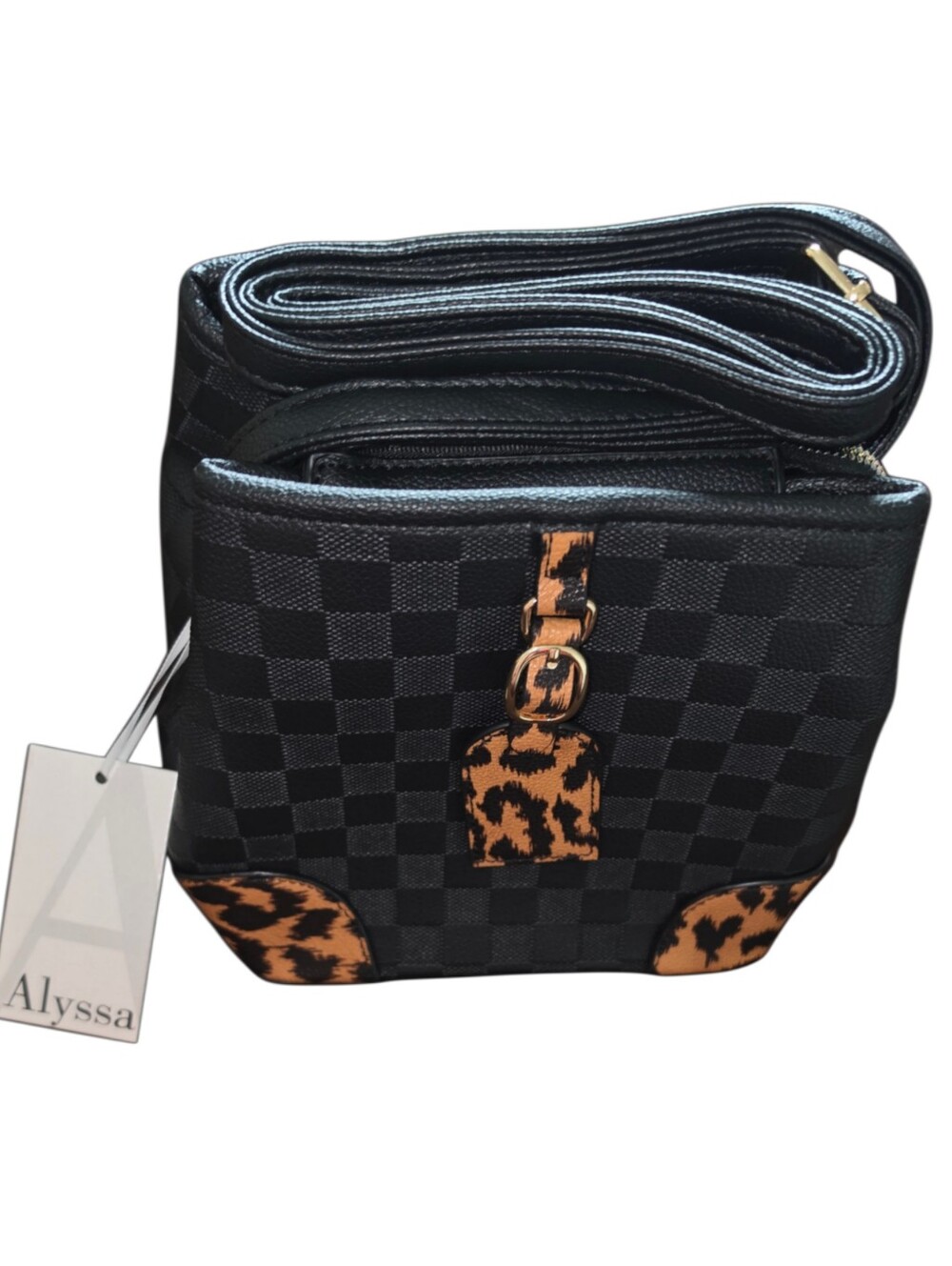 Brand New - Black Checkered Crossbody Bag with Leopard Accent